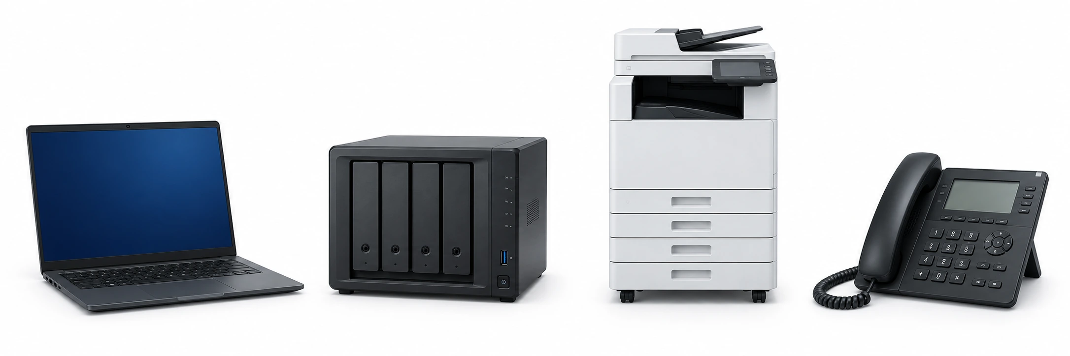 パソコン、NAS、複合機、ビジネスフォンのイメージ