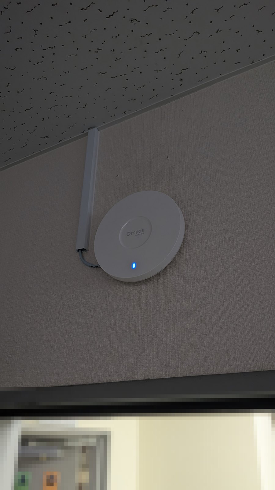 壁に取り付けたアクセスポイントと天井から下ろした配線モール
